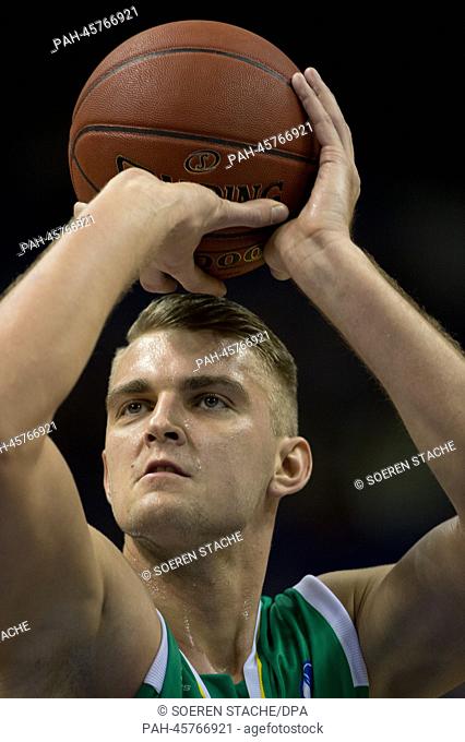Yuzhne's Rolands Freimanis during warm-up for the Eurocup Basketball match between Alba Berlin and Khimik Yuzhne at O2 World in Berlin,  Germany