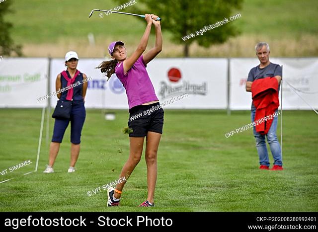 Slovenian golfer Pia Babnik, center, attends the Tipsport Czech Ladies Open, part of the Ladies European Tour, on August 28, 2020, in Beroun, Czech Republic