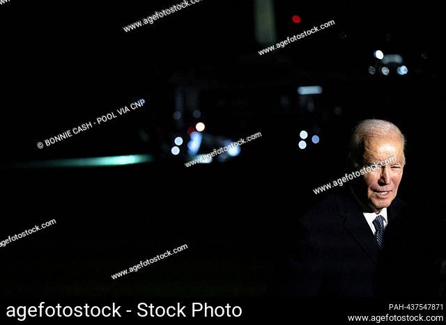 United States President Joe Biden speaks to the press after returning from a trip to Boston, Massachusetts on the South Lawn of the White House in Washington