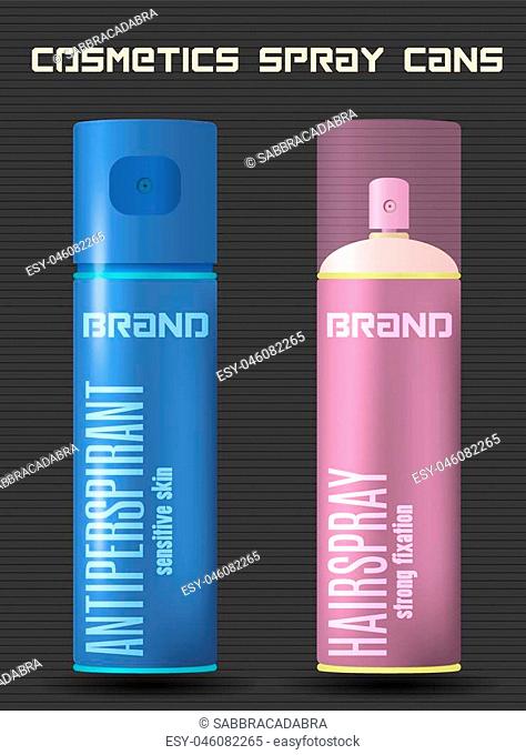 Cosmetic spray cans, two balloons of deodorant antiperspirant and hairspray, color vector illustration