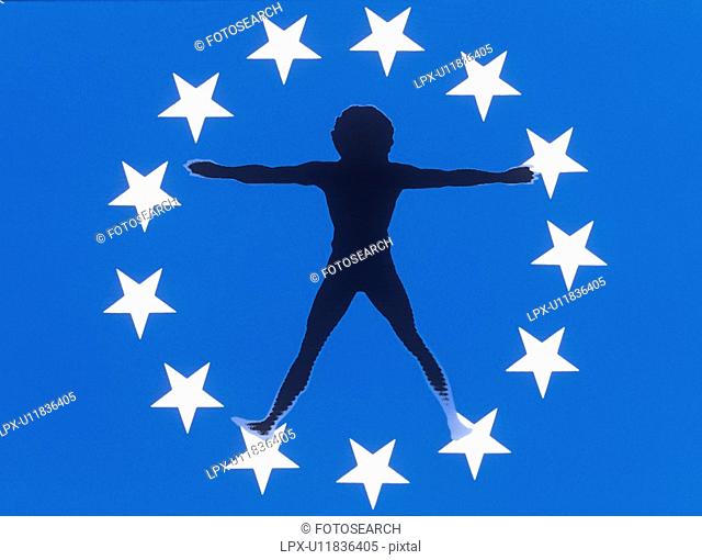Blue background and circle of 13 white stars behind silhouette of New Age Man