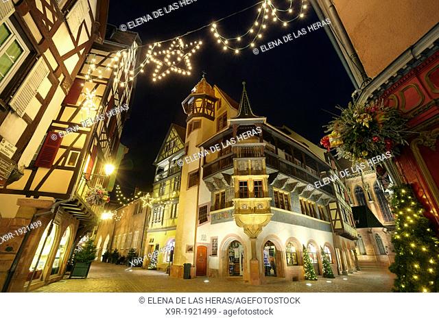 Maison Pfister  German Reinaissance with christmas lights at night  Colmar  Alsace Wine route  Haut-Rhin  Alsace  France