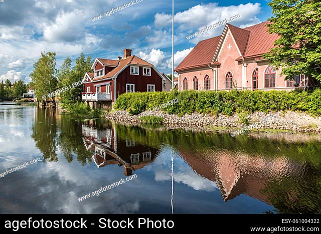 Falun, Dalarna - Sweden - 08 05 2019 Panoramic view of the city reflecting in the Nybron river