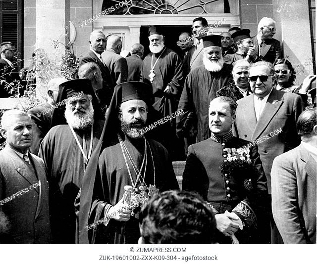 Apr. 12, 1955 - Nicosia, Cyprus - ARCHBISHOP MAKARIOS III watches a 'Freedom' parade held in Cyprus. Next to him is the Bishop of Kitium