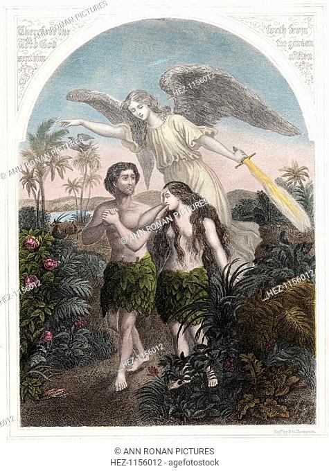 Expulsion of Adam and Eve from the Garden of Eden, c1860. An angel with a flaming sword supervises the expulsion of Adam and Eve, wearing aprons of fig leaves