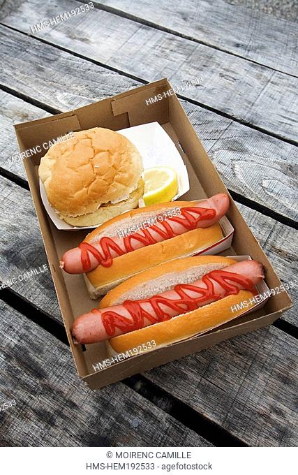 United States, Maine, Kennebunkport, hot-dog and hamburger