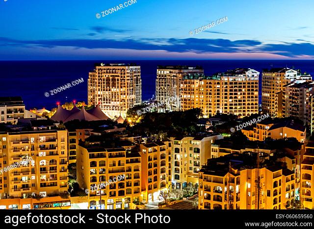 Aerial View on Illuminated Fontvieille and Monaco Harbor, French Riviera