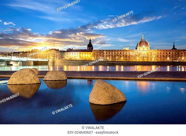 View from Rhone river in Lyon city at sunset, France