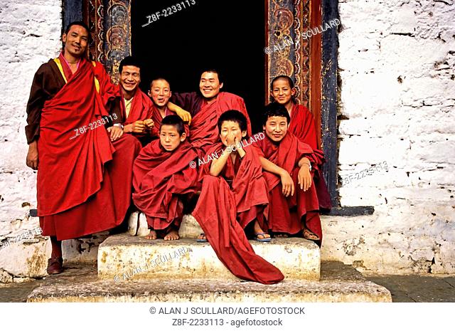 A group of monks at Thimpu Dzong, Bhutan. Digitally Manipulated Image. Stylised by sharpening and enhancing color