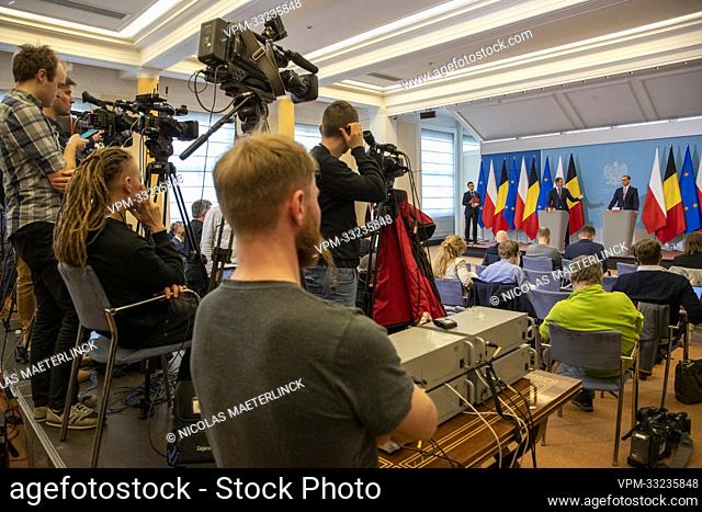 Prime Minister Alexander De Croo and Poland prime Minister Mateusz Morawiecki pictured during a press conference after a diplomatic meeting to discuss the...