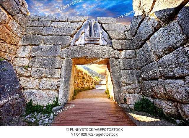 Mycenae Lion Gate & citadel walls built in 1350 B C and known as cyclopean style walls due to the vast size of the blocks it was assumed by visitors in ancientb...
