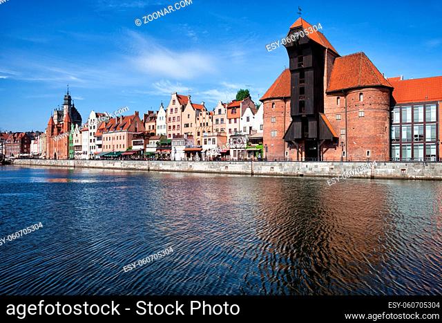 Old Town of Gdansk river view in Poland, city skyline with The Crane