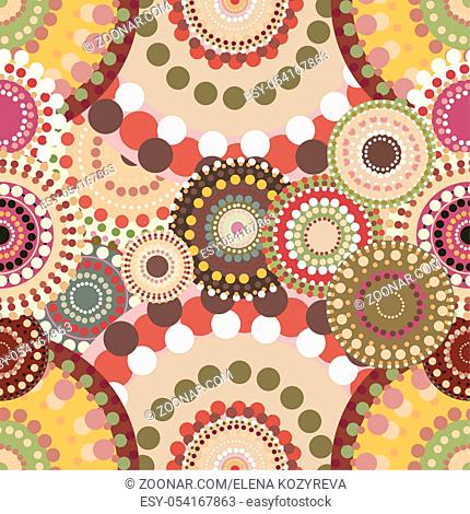 Seamless retro pattern with vintage bright colorful painted circles. Romantic vector ornaments natural colored