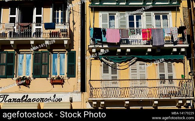 Greece, Greek Islands, Ionian Islands, Corfu, Corfu Town, old town, close-up view of a balcony, laundry on a line
