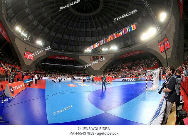 Teams of Germany and Denmark are seen prior to the 2016 Men's European Championship handball group 2 match between Germany and Denmark at the Centennial Hall in...