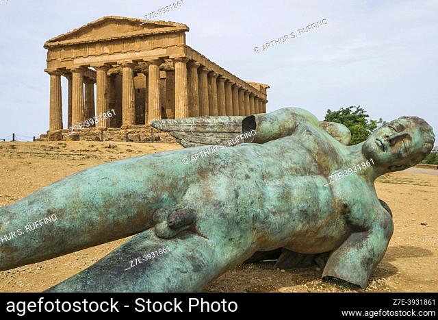 Statue of Fallen Icarus (Statua di Icaro caduto) adjacent Temple of Concordia, Valley of the Temples, Agrigento, Sicily, Italy