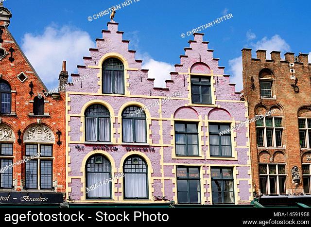 Guild houses at the market place Grote Markt, Bruges, West Flanders, Flanders, Belgium