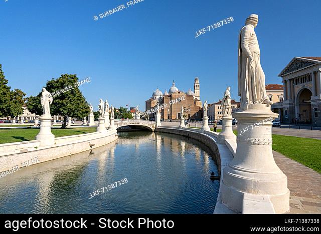 Moat around the public square with over 70 statues of historic townspeople at Prato della Valle, Padua, Italy