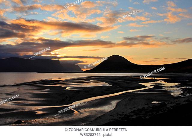 Sunset scene in the Dyarafjoerdur, Iceland