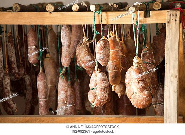 drier Iberian pork sausages in the Sierra de Aracena, Huelva, Andalucia, Spain, secadero de embutidos de cerdo iberico en la Sierra de Aracena, Huelva