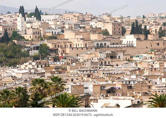 Fez Morocco panoramic view of crowded city and old town medina with walls from hill above