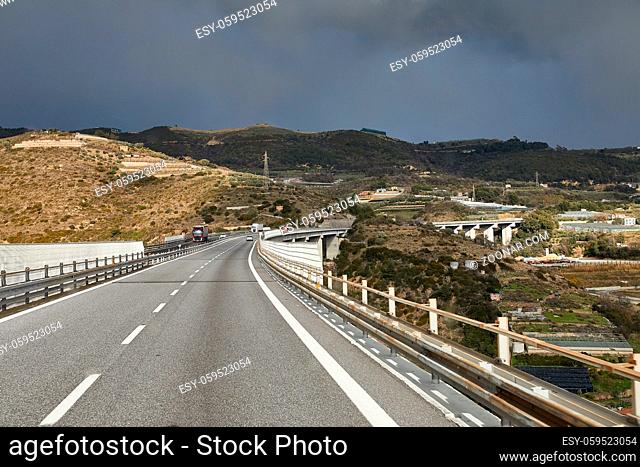 Highway with viaducts through the hilly landscapes of the Italian Riviera