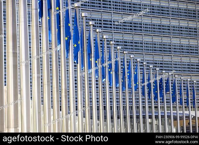 06 September 2023, Belgium, Brüssel: A row of flags with the symbol of the European Union (yellow stars circular on dark blue background) stand in front of the...