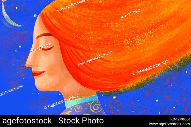 Smiling woman with flowing red hair at night
