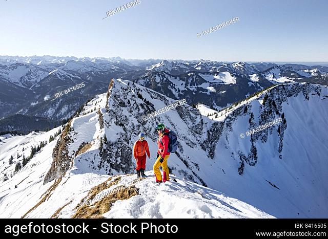 Ski tourers in winter on the snow-covered Rotwand, mountains in winter, Schlierseer Berge, Mangfall mountains, Bavaria, Germany, Europe