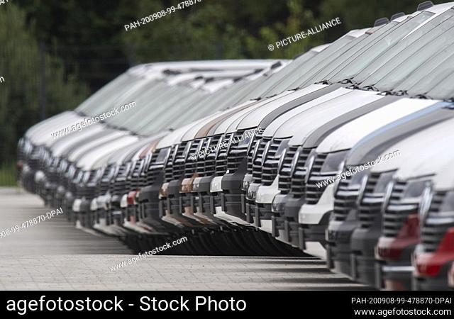 08 September 2020, Lower Saxony, Hanover: New VW Bulli T6 cars stand side by side at the Volkswagen Commercial Vehicles plant