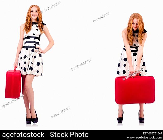 Young beautiful woman with red suitcase