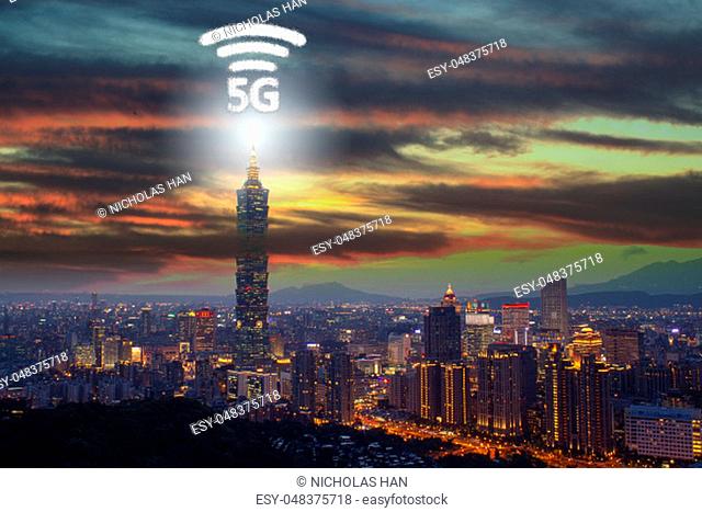 The Network connection technology in the city, with 5g internet networking sign