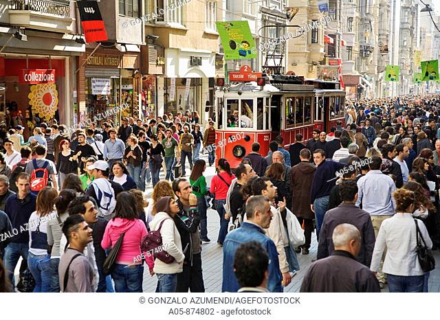 Tram on Istiklal Caddesi, Beyoglu district, Istanbul, Turkey