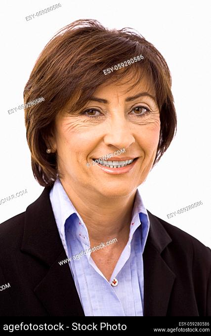 Happy senior businesswoman isolated on white background