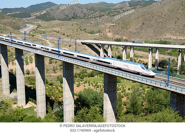 view of a high-speed train crossing a viaduct in Castejon de las Armas, to the right you can see the highway N-II, Saragossa, Aragon, Spain