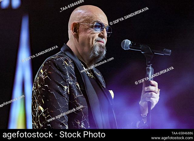 RUSSIA, MOSCOW - DECEMBER 17, 2023: Russian singer Mikhail Shufutinsky performs during a New Year concert at the MTS Live Hall. Sofya Sandurskaya/TASS