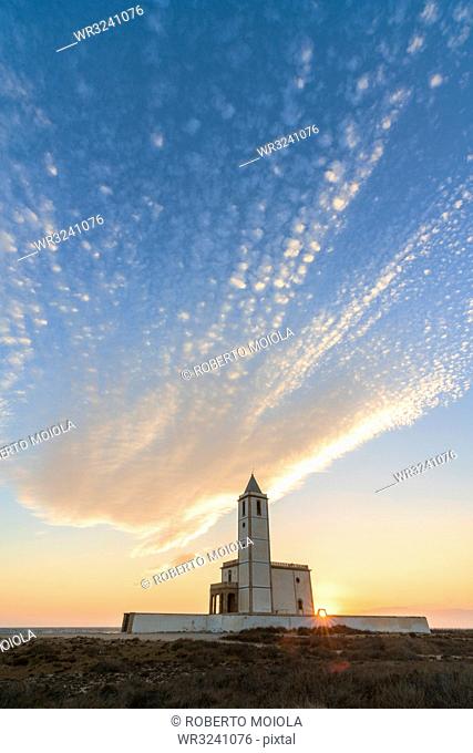 Church of the Almadraba at sunset in Cabo de Gata-Nijar Natural Park, Spain, Europe