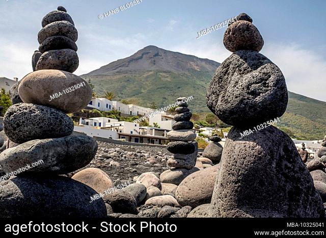 Stone formation on Ficogrande beach, Stromboli, Aeolian Islands, Aeolian Islands, Tyrrhenian Sea, Southern Italy, Europe, Sicily, Italy