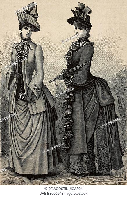 Woman wearing a Drap overcoat, trimming decorations, woman wearing a bengaline cape, decorations with ruffles, hats with ribbons, designs by Madame Gradoz