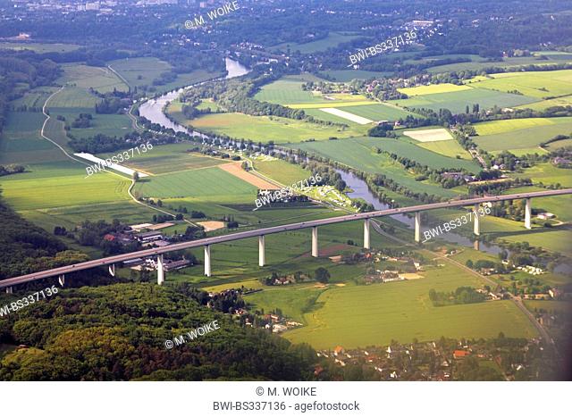 motorway bridge of A 52 crossing the river Ruhr near Muelheim, aerial foto, Germany, North Rhine-Westphalia, Muelheim