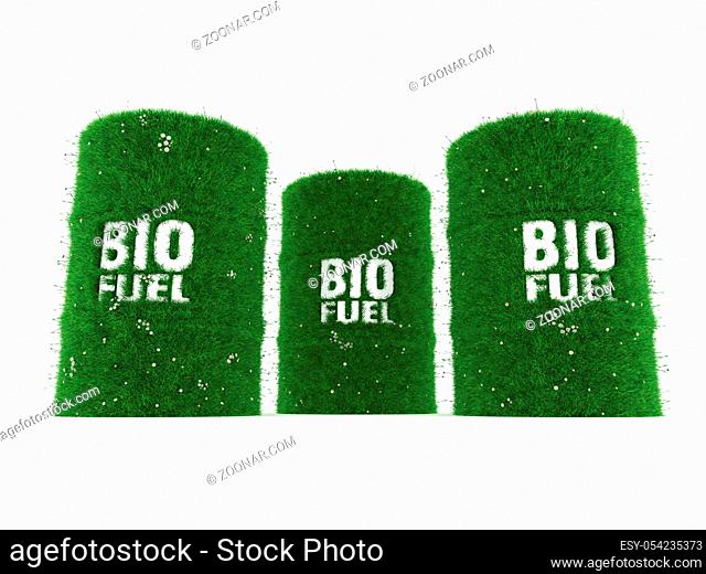 3D rendering barrels covered with green grass with biofuels
