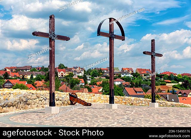 Three wooden crosses on top of Szep bastion Eger Castle Hungary