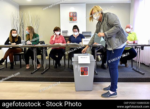 Voter votes during elections to the Chamber of Deputies of the Parliament of the Czech Republic, on October 8, 2021, in Hrusky, Breclav region, Czech Republic