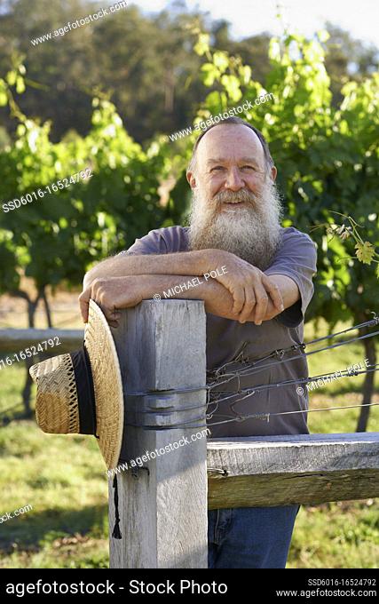 Portrait of wine producer leaning on post amongst grapevines