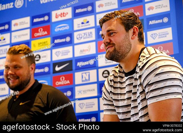 Swedish Daniel Stahl and Swedish Simon Petterson pictured at a press conference regarding the 2021 edition of the Memorial Van Damme athletics meeting