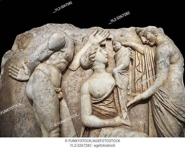 Close up of a Roman Sebasteion relief sculpture, Aphrodisias of Dionysus as a baby, Aphrodisias Museum, Aphrodisias, Turkey