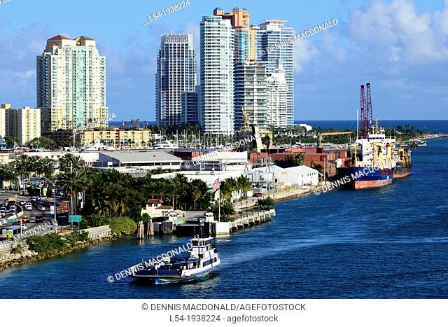 Miami Skyline and Shipping Port from departing cruise ship Florida FL US