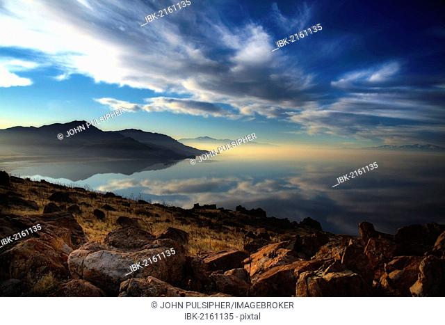 White clouds drift over Antelope Island in the Great Salt Lake, Utah, USA