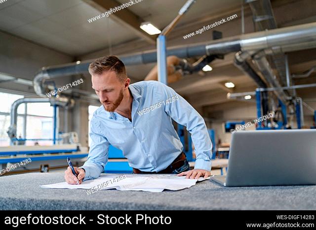 Portrait of carpenter examining documents in production hall