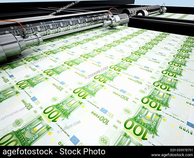 Money printing machine printing 100 euro banknotes. 3D illustration
